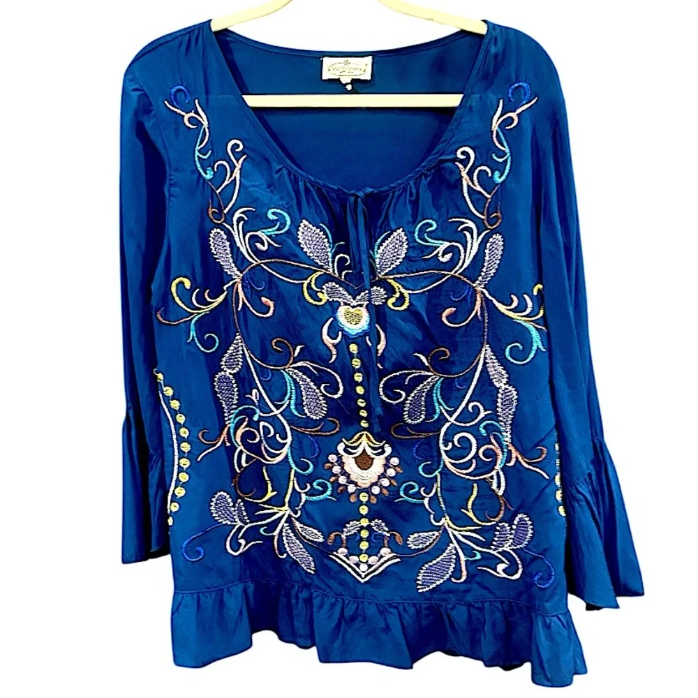 Grand & Greene Navy Blue Embroidered Ruffle Top Size Large